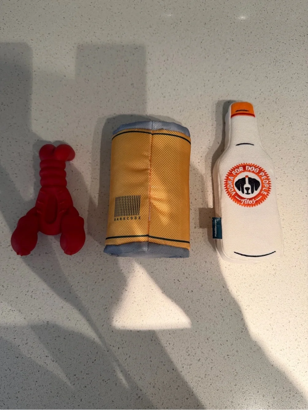 Dog Toy Bundle Nylabone Lobster, Trader Joe’s Corn Can & Tito’s Squeaky Bottle